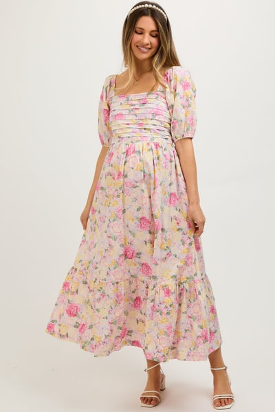 PinkBlush Lavender Floral Pleated Puff Sleeve Maternity Midi Dress