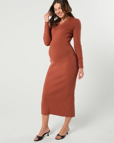MARION Maternity MARION ReNew - Copper Full Body Ribbed Maternity & Nursing Midi Sweater Dress