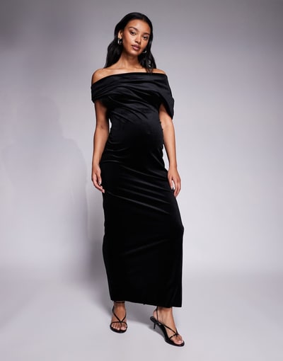 ASOS velvet midi dress with fallen shoulders in black