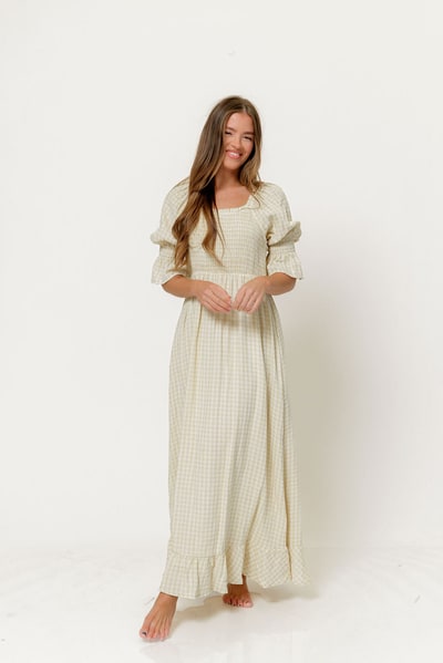 Worth Collective Sienna 100% Cotton Puff Sleeve Maxi Dress in Custard Plaid (Lined) - Bump Friendly