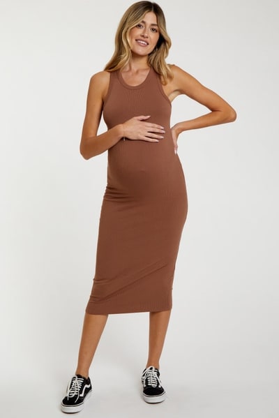 PinkBlush Mocha Sleeveless Ribbed Fitted Maternity Midi Dress