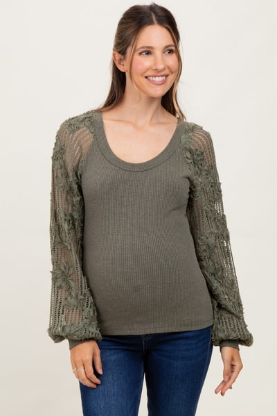 PinkBlush Olive Floral Lace Balloon Sleeve Maternity Top