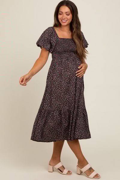PinkBlush Black Floral Smocked Maternity Midi Dress