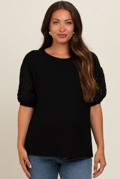 PinkBlush Black Short Puff Eyelet Lace Floral Sleeve Maternity Top
