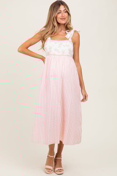 PinkBlush Peach Floral Contrast Stripe Shoulder Tie Maternity Midi Dress