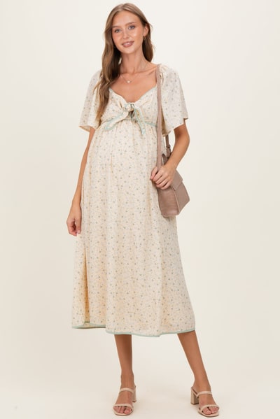 PinkBlush Butter Yellow Floral Tie Front Flutter Sleeve Maternity Midi Dress