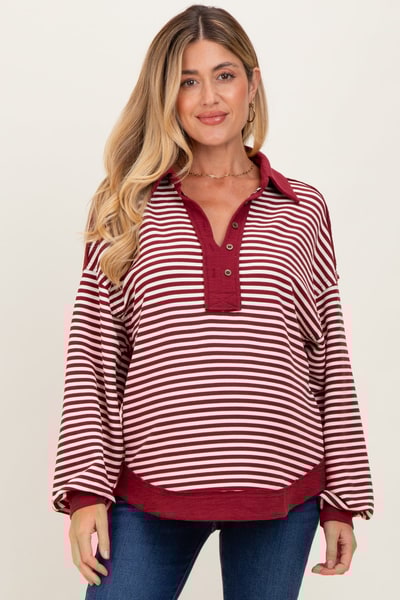 PinkBlush Burgundy Striped Oversized Collared Pullover Maternity Top