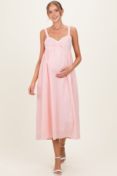PinkBlush Peach Ruffle Trim Sweetheart Neckline Maternity Midi Dress