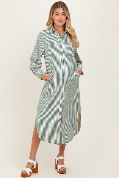 PinkBlush Forest Green Textured Stripe Button Down Maternity Shirt Dress