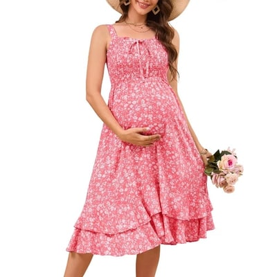 Target Women's Maternity Dress Summer Floral Sleeveless Smocked Dresses Casual Flowy Maxi Dress Photoshoot Baby Shower Pink XL