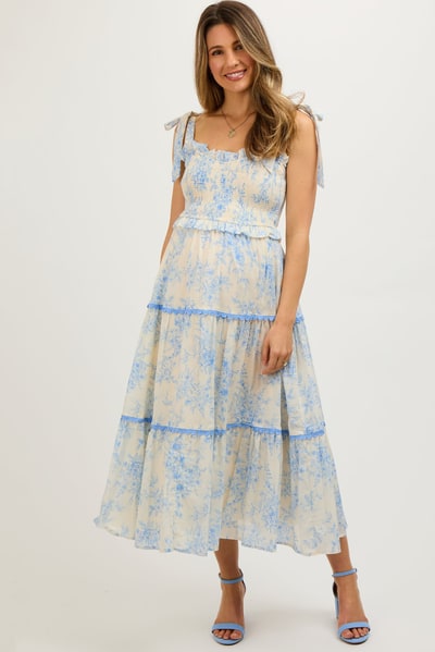 PinkBlush Light Blue Floral Sleeveless Ruffle Tiered Maternity Midi Dress