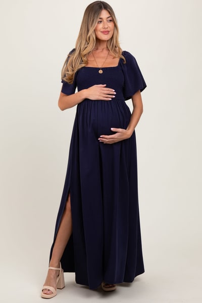 PinkBlush Navy Chambray Smocked Maternity Maxi Dress