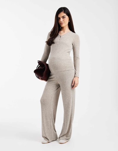 ASOS Mamalicious Maternity over the bump wide leg tie waist pants in khaki melange - part of a set