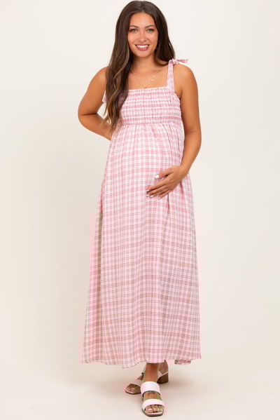 PinkBlush Pink Plaid Smocked Shoulder Tie Maternity Maxi Dress