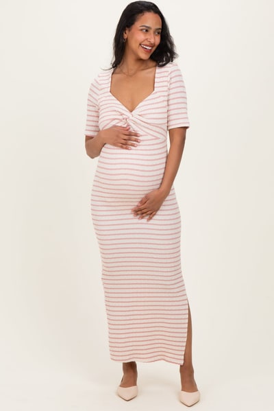 PinkBlush Cream/ Pink Striped Knit Short Sleeve Maternity Maxi Dress