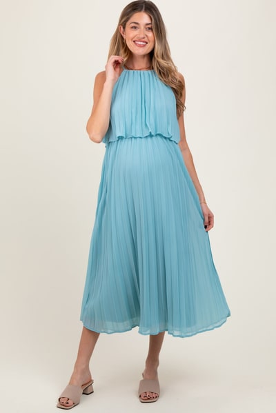 PinkBlush Blue Pleated Woven Maternity Midi Dress
