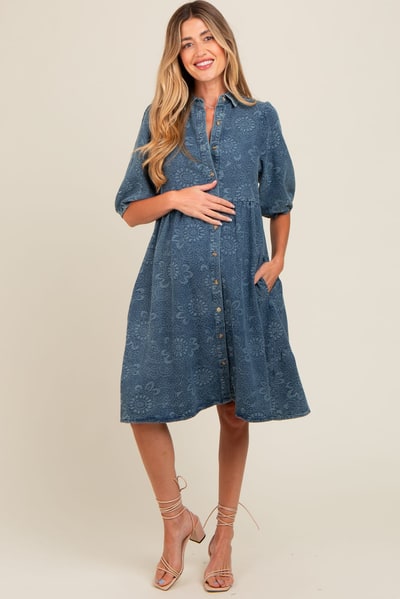 PinkBlush Blue Denim Button Front Short Puff Sleeve Maternity Dress