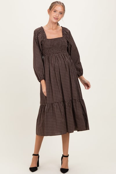 PinkBlush Brown Plaid Smocked Puff Sleeve Maternity Midi Dress