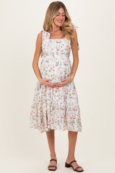 PinkBlush Ivory Floral Shoulder Tie Tiered Maternity Midi Dress