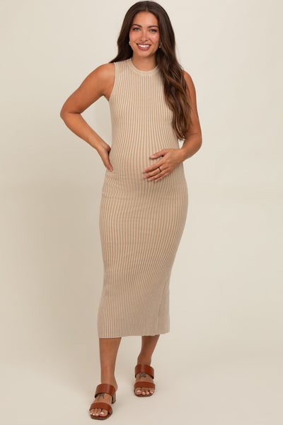 PinkBlush Beige Vintage Wash Ribbed Cutout Maternity Dress
