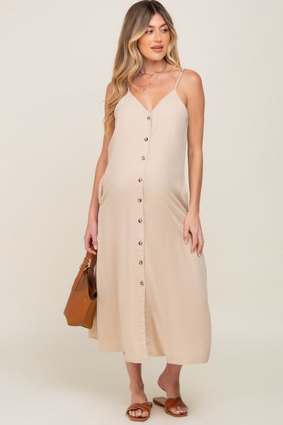 PinkBlush Beige Button Down Maternity Midi Tank Dress