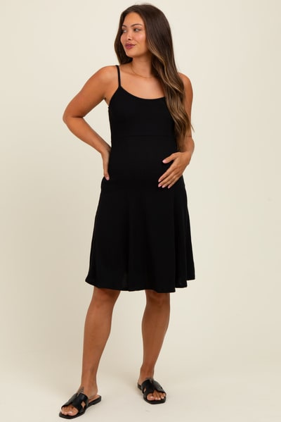 PinkBlush Black Ribbed Sleeveless Maternity Skater Dress