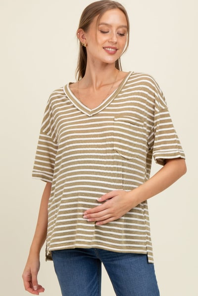 PinkBlush Olive Striped Oversized V-Neck Front Pocket Maternity T-Shirt