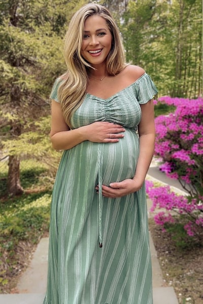 PinkBlush Green Striped Off Shoulder Front Tie Maternity Maxi Dress