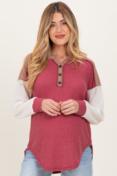 PinkBlush Burgundy Colorblock Relaxed Waffle Knit Maternity Henley