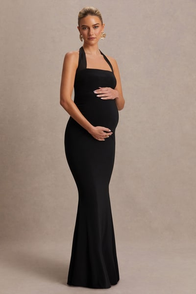 Club L London Avielle | Black Halter-Neck Maternity Maxi Dress