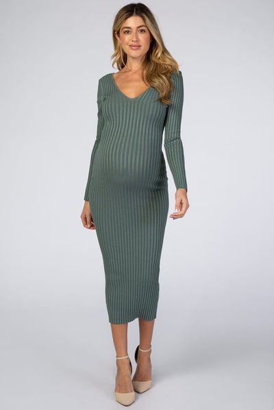 PinkBlush Olive V-Neck Long Sleeve Fitted Maternity Maxi Dress