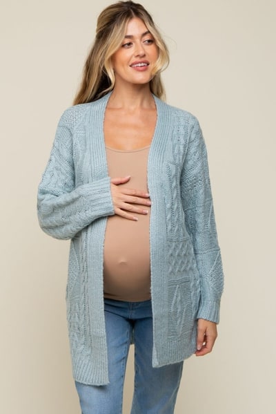 PinkBlush Light Blue Cable Knit Maternity Cardigan