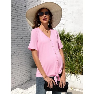 Target Women's V-Neck Button-Front Maternity Top Short Sleeve Knotted Hem Pregnancy Blouse Pink L