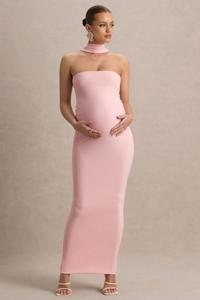 Club L London Glaze | Pink High-Neck Maternity Maxi Dress