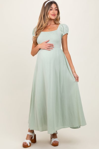 PinkBlush Mint Square Neck Smocked Top Criss Cross Back Tie Maternity Maxi Dress