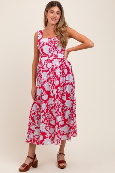 PinkBlush Red Floral Square Neck Sleeveless Maternity Midi Dress