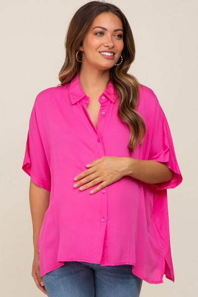 PinkBlush Fuchsia Button Up Dolman Short Sleeve Maternity Top