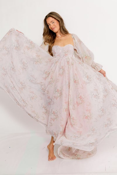 Worth Collective Delilah Maxi Dress with Train in Muted Blush Floral - Bump Friendly