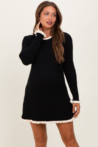 PinkBlush Black Ribbed Knit Contrast Ruffle Trim Maternity Mini Dress