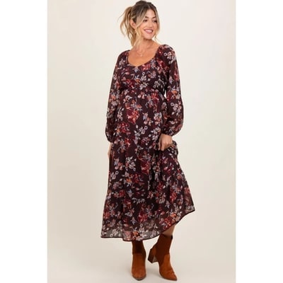 Target Pinkblush Brown Floral V-Neck Bubble Sleeve Maternity Maxi Dress XL