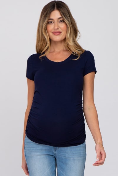 PinkBlush Navy Blue Basic Short Sleeve Maternity Fitted Top