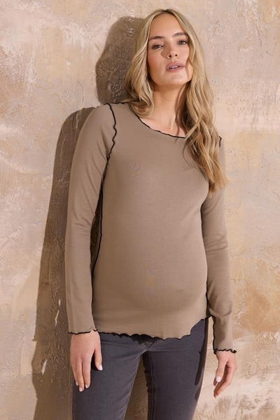 Yours Clothing LTS Tall Maternity Natural Brown Contrast Stitch Ribbed Top