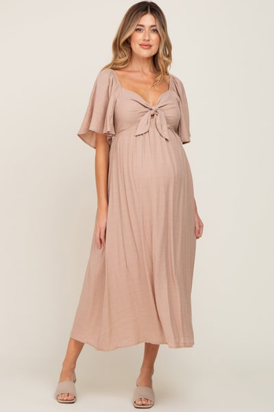 PinkBlush Mocha Front Tie Ruffle Sleeve Maternity Midi Dress