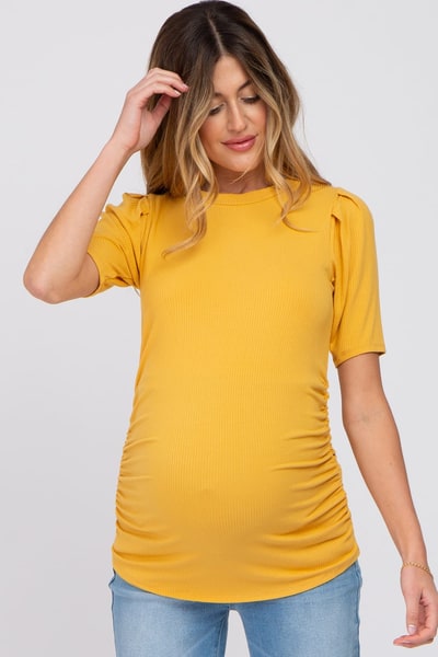 PinkBlush Yellow Ribbed Puff Sleeve Ruched Maternity Top