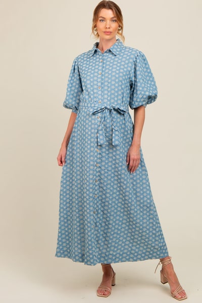 PinkBlush Blue Floral Embroidered Button Down Chambray Maternity Maxi Dress