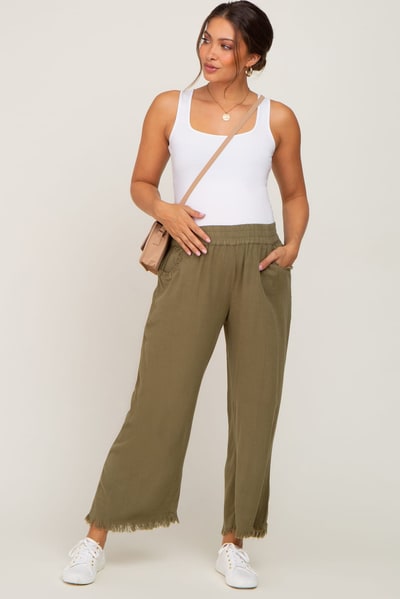 PinkBlush Olive Linen Frayed Hem Crop Maternity Pants