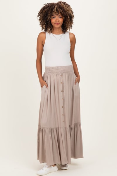 PinkBlush Sand Smocked Waist Button Detail Maternity Maxi Skirt