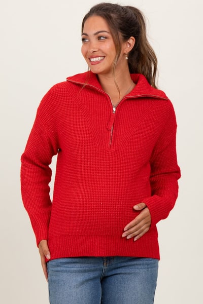 PinkBlush Red Half Zip Maternity Pullover Sweater