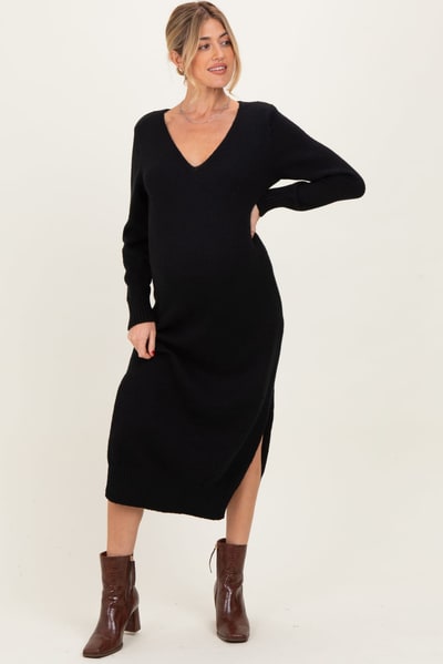 PinkBlush Black V-Neck Relaxed Fit Maternity Sweater Dress