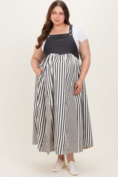 PinkBlush Charcoal Striped Colorblock Denim Contrast Maternity Plus Maxi Dress